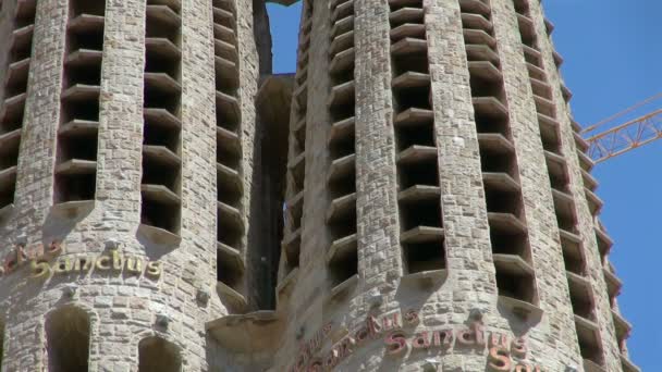 Närbild Tornen Kyrkan Sagrada Familia Spanien Med Tegel Design — Stockvideo