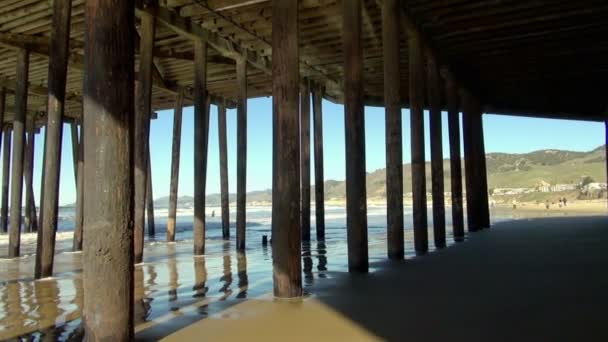 Pan Sağdan Sola Mutlu Insanlar Kaliforniya Ünlü Pismo Pier Keşfetmek — Stok video