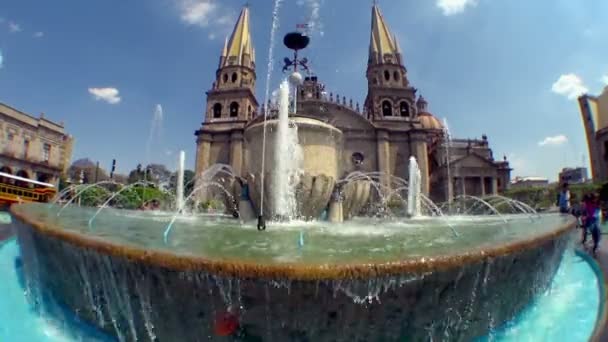 Wide View Overflowing Water Fountain Cathedral Assumption Our Lady Guadalajara — Stock Video
