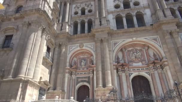 Upward Pan Magnificent Manquite Cathedral Malaga Showing Its Beautiful Walls — Stock Video