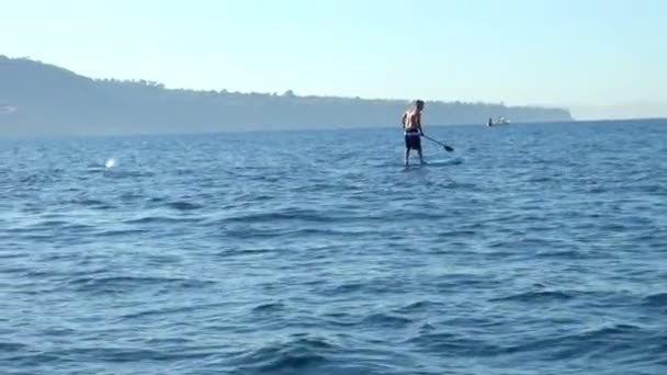 Vista Panorâmica Homem Remar Bordo Enquanto Uma Baleia Sopra Buraco — Vídeo de Stock