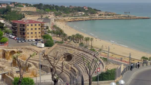 Malebný Pohled Starý Římský Amfiteátr Španělsko Tarragona Turisty Těší Oblast — Stock video