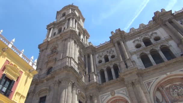 Pan Downward High Tower Beautiful Front Old Cathedral — Stock Video