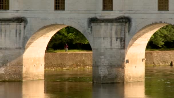 从左向右 在法国 Chenonceau 城堡下面优雅设计的通道 阳光普照 反映结构 — 图库视频影像