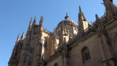 Salamanca İspanya, mavi gökyüzü ve uçan kuşlar ile yeni Katedrali