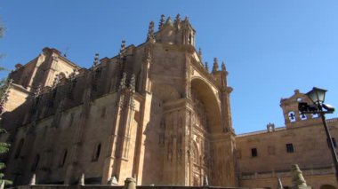 San Esteban manastır ve kilise SK parçası gösterilen Salamanca İspanya dış yan/ön görünümünü? ade - güneş ışığı ile geçmiş uçan bir kuş.