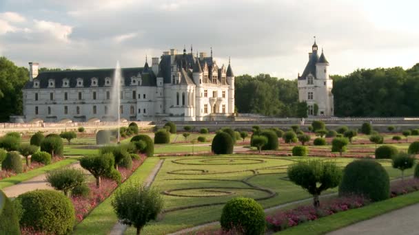 Grande Jardim Bonito Chateau Chenonceau França Contra Pôr Sol — Vídeo de Stock