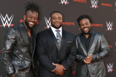 Los Angeles - Haziran 6: Kofi Kingston, büyük E, Xavier Woods, 6 Haziran 2018 yılında Kuzey Hollywood, Ca yeni gününde dikkate olay Tv Akademi Saban Media Center için Wwe