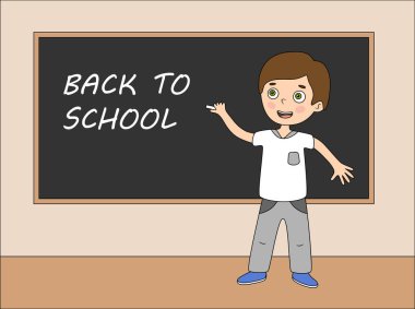 Okul karatahta önünde duran çocuk. Okula hoş geldiniz. Okulda ilk gün. Kara tahta üzerinde metin. Eğitim kavramı.