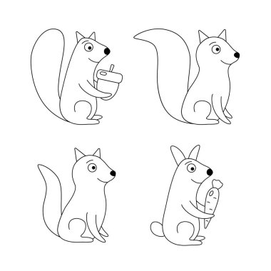 Siyah ve beyaz hayvanların ayarlayın. Tilki, kurt, sincap, tavşan.