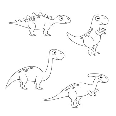 Siyah ve beyaz dizi dinozorlar. Soyu tükenmiş hayvanlar vektör Illustration. Tyrannosaurus rex. Brachiosaurus. Stegosaurus. Parasaurolophus.
