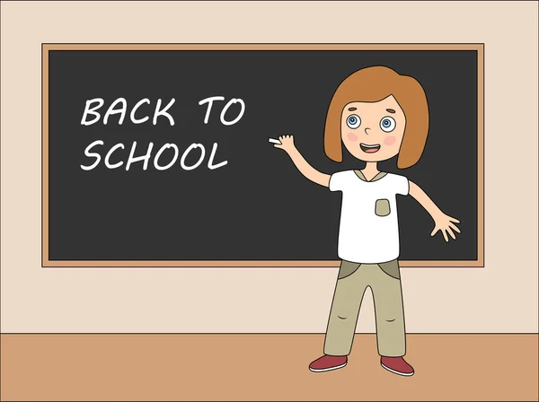 Girl Standing Front School Blackboard Welcome Back School First Day — Stock Vector