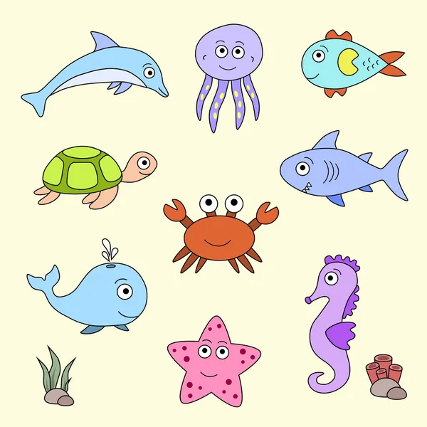 Colourful Set Sea Animals Vector Cartoon Collection — Stock Vector