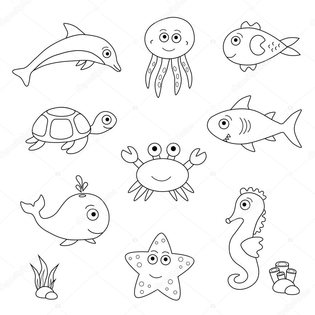 Black and white set of sea animals, vector cartoon collection.