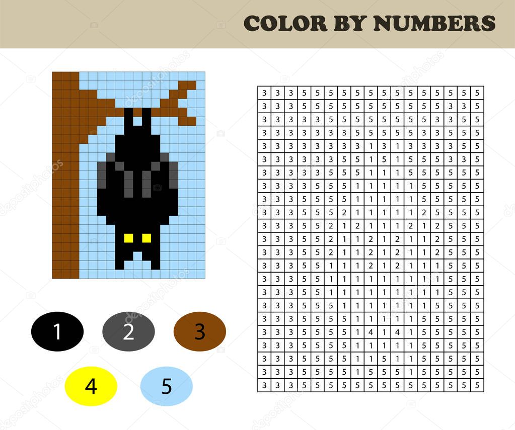 Color by numbers, education game for children. Coloring book with numbered squares. Drawing kids activity. Bat.