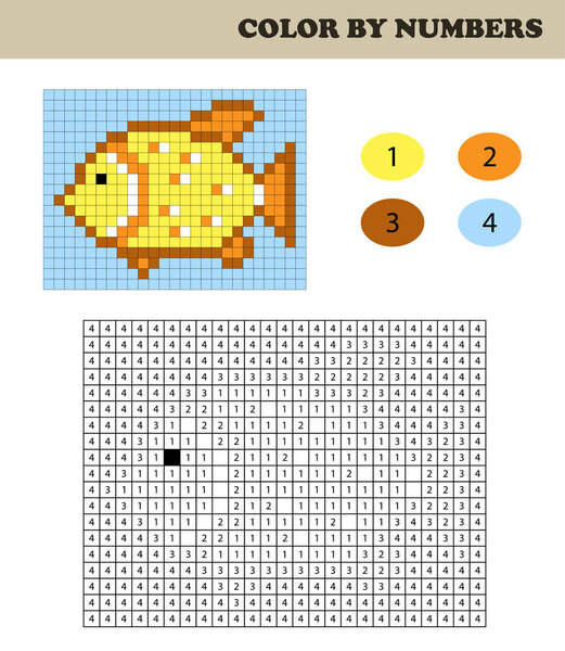 Color by numbers, education game for children. Coloring book with numbered squares. Drawing kids activity. Tropical fish.