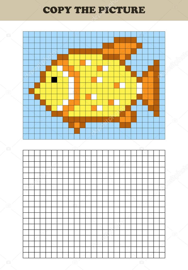 Copy the picture. Drawing kids activity. Educational game for preschool children. Tropical fish.