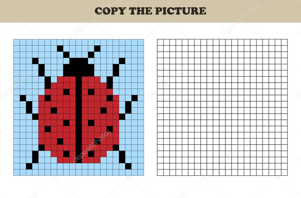 Copy the picture. Drawing kids activity. Educational game for preschool children. Ladybug. Insect.