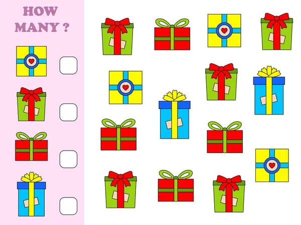 Kaç nesne görevi. Anaokulu çocukları için eğitici matematik oyunu. Çocuklar için oyun saymak. Noel zamanı. Hediyeler.