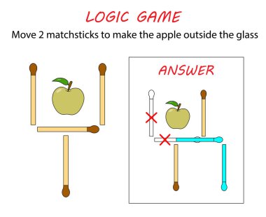 Logic game for kids. Puzzle game with matches. Move 2 matchsticks to make the apple outside the glass. clipart