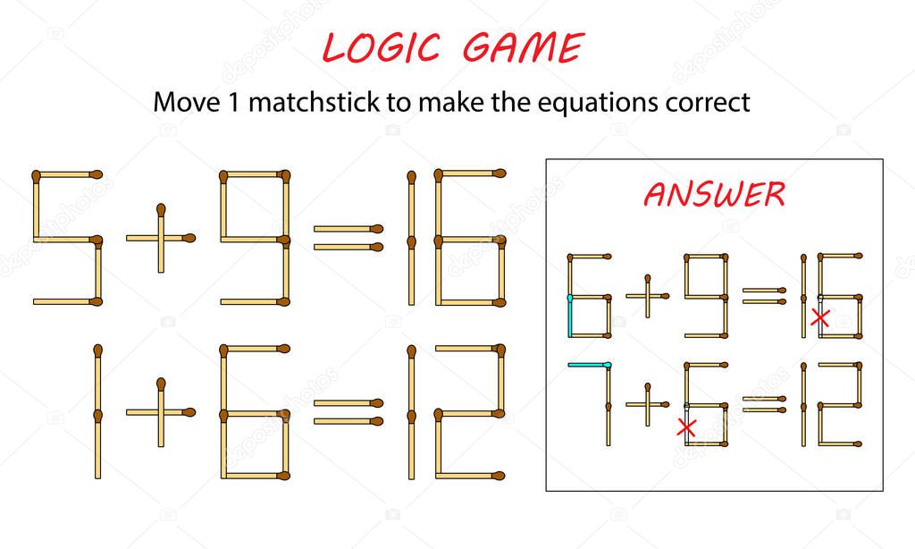 Logic game for kids. Puzzle game with matches. Move 1 matchstick to make the equations correct.