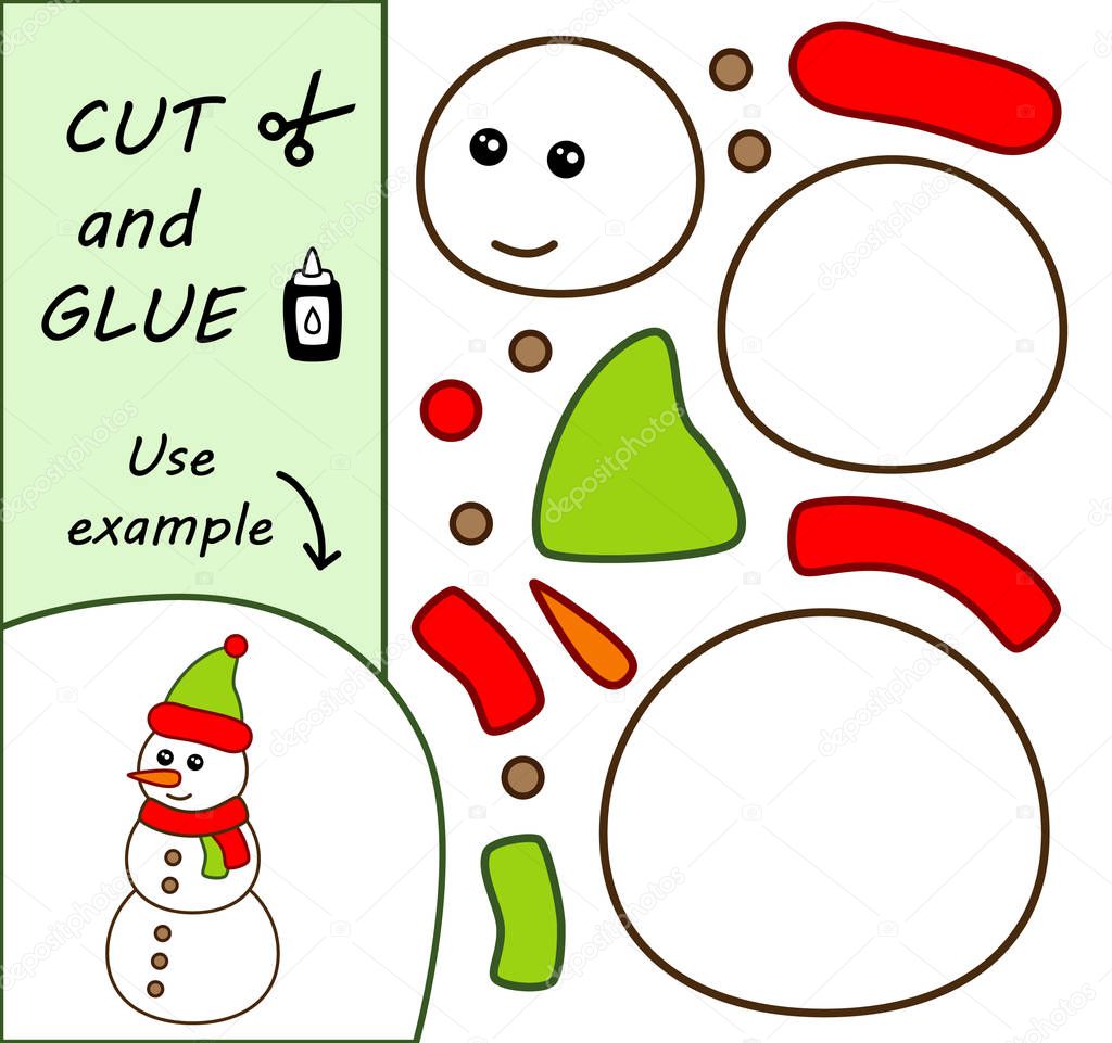 Education paper game. Paper crafts for kids. Use scissors, cut parts of the image and glue to create the snowman.