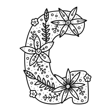Çiçekli alfabe. Siyah ve beyaz doodle mektup. Yetişkinler ve çocuklar için boyama kitabı.