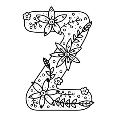 Çiçekli alfabe. Siyah ve beyaz doodle mektup. Yetişkinler ve çocuklar için boyama kitabı.