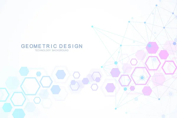 Estructura molecular con partículas. Fondo geométrico hexagonal. Investigación médica científica. Antecedentes científicos y tecnológicos. Concepto molecular. Ilustración vectorial . — Vector de stock