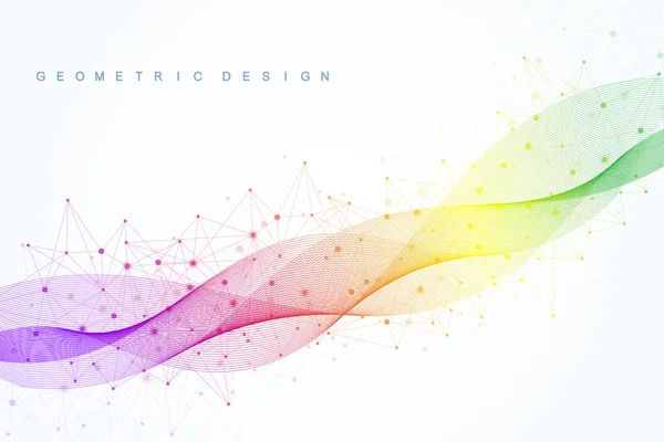 Modello astratto di rete molecolare con linee e punti dinamici. Suono, onda di flusso, senso della scienza e della tecnologia grafica. Illustrazione geometrica vettoriale . — Vettoriale Stock