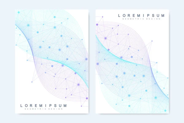 Modelos vetoriais modernos para brochura, capa, banner, folheto, relatório anual, folheto. Composição de arte abstrata com linhas de conexão e pontos. Fluxo de onda. Tecnologia digital, ciência ou conceito médico . — Vetor de Stock