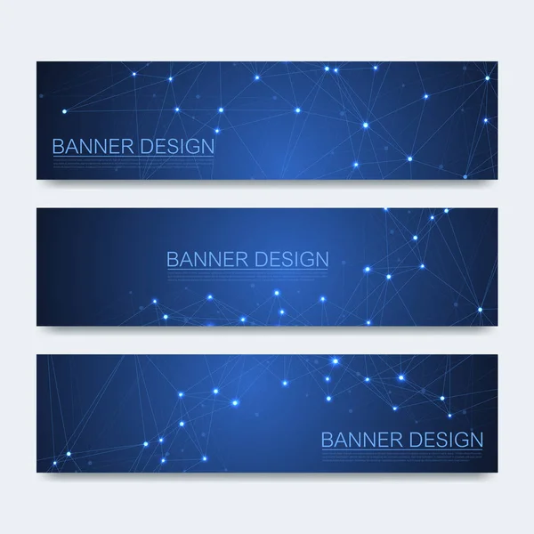 Abstract molecules banners set with lines, dots, circles, polygons. Vector design network communication background. Futuristic digital science technology concept for web banner template or brochure. — Stock Vector
