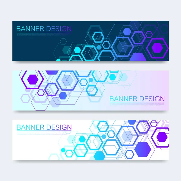 Vector banners set with hexagons background. Hi-tech digital technology and engineering background. Digital telecom technology concept. Vector abstract futuristic on dark blue color background. — Stock Vector