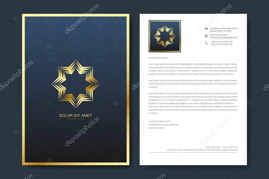 Elegant letterhead template design in minimalist style with Logo. Golden luxury business design for cover, banner, invitation, letterhead, branding card, brochure. Arabic vector logo design template.