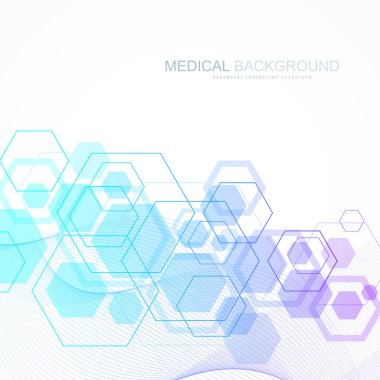 Soyut tıbbi geçmişi Dna araştırma, molekül, genetik, genom, Dna zinciri. Genetik analiz sanat konseptiyle altıgenler, çizgiler, noktalar. Biyoteknoloji ağ kavramı molekül, vektör çizim.