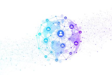 Genel yapısı ağ ve veri bağlantı kavramı. Sosyal ağ iletişimi küresel bilgisayar ağlarında. Internet teknolojisi. İş. Bilim. Vektör çizim.
