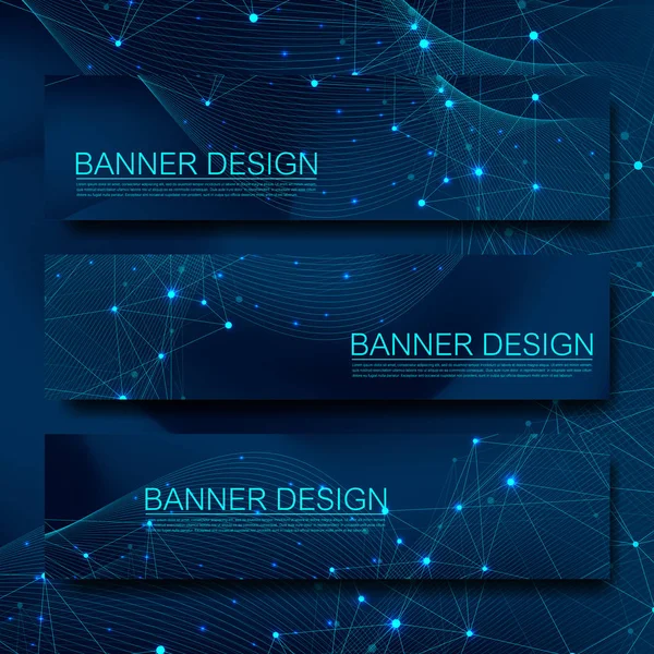 Abstract molecules banners set with lines, dots, circles, polygons. Vector design network communication background. Futuristic digital science technology concept for web banner template or brochure. — Stock Vector