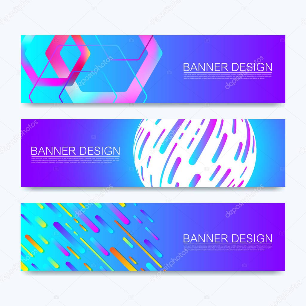 Set of vector web banners of standard sizes for sale with a place for text. Horizontal templates with hexagons, colorful lines, globe