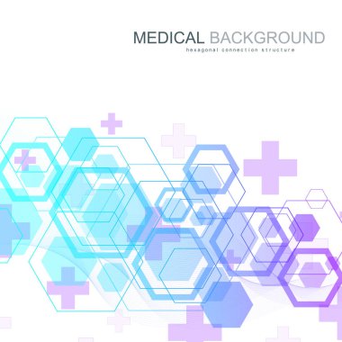 Soyut tıbbi geçmişi Dna araştırma, molekül, genetik, genom, Dna zinciri. Genetik analiz sanat konseptiyle altıgenler, çizgiler, noktalar. Biyoteknoloji ağ kavramı molekül, vektör çizim