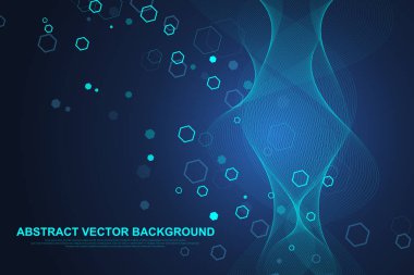 Soyut tıbbi geçmişi Dna araştırma, molekül, genetik, genom, Dna zinciri. Genetik analiz sanat konseptiyle altıgenler, çizgiler, noktalar. Biyoteknoloji ağ kavramı molekül, vektör çizim