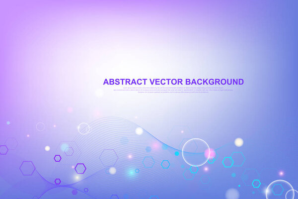 Абстрактный шестиугольный фон с волнами. Шестиугольные молекулярные структуры. Футуристические технологии в научном стиле. Графический шестигранный фон для вашего дизайна. Векторная иллюстрация
