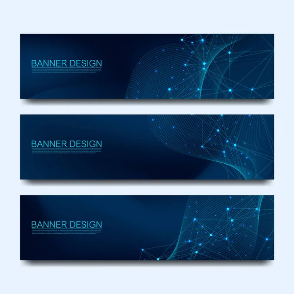 Moléculas abstractas banners con líneas, puntos, círculos, polígonos. Fondo de comunicación de red de diseño vectorial. Concepto de tecnología de ciencia digital futurista para plantilla o folleto de banner web . — Vector de stock