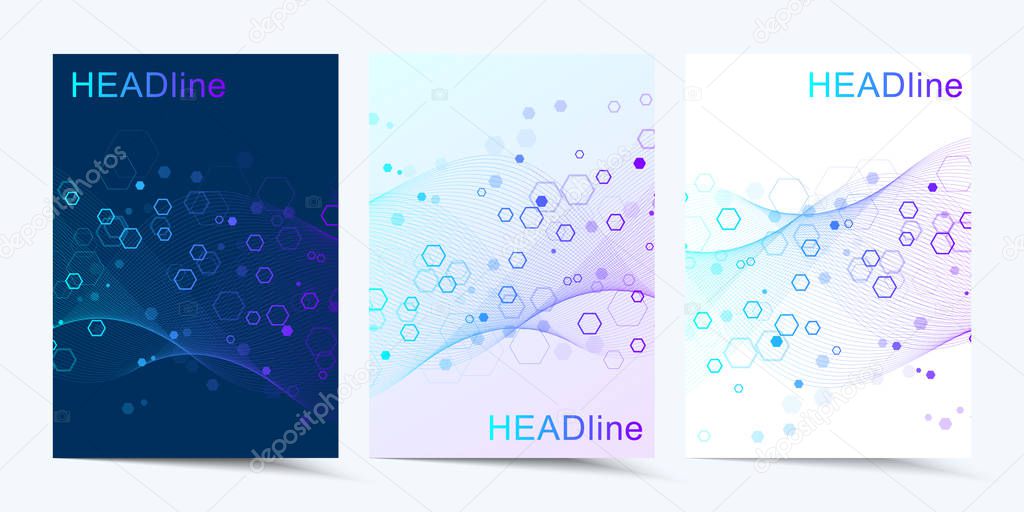Modern vector templates for brochure, cover, banner, flyer, annual report, leaflet. Abstract art composition with connecting lines and dots. Wave flow. Digital technology, science or medical concept