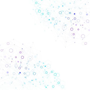 Soyut tıbbi geçmişi Dna araştırma, molekül, genetik, genom, Dna zinciri. Genetik analiz sanat konseptiyle altıgenler, çizgiler, noktalar. Biyoteknoloji ağ kavramı molekül, vektör çizim