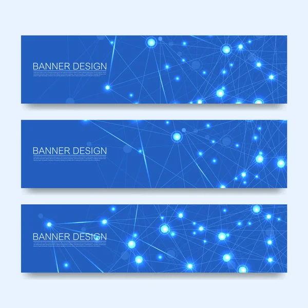 Abstract molecules banners set with lines, dots, circles, polygons. Vector design network communication background. Futuristic digital science technology concept for web banner template or brochure. — Stock Vector