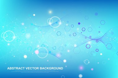 Soyut tıbbi geçmişi Dna araştırma, molekül, genetik, genom, Dna zinciri. Genetik analiz sanat konseptiyle altıgenler, çizgiler, noktalar. Biyoteknoloji ağ kavramı molekül, vektör çizim