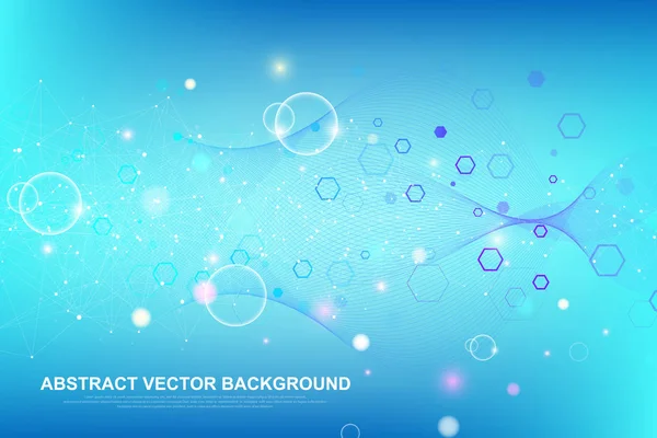 Soyut tıbbi geçmişi Dna araştırma, molekül, genetik, genom, Dna zinciri. Genetik analiz sanat konseptiyle altıgenler, çizgiler, noktalar. Biyoteknoloji ağ kavramı molekül, vektör çizim