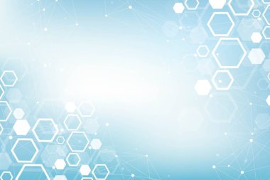 Soyut tıbbi geçmişi Dna araştırma, molekül, genetik, genom, Dna zinciri. Genetik analiz sanat konseptiyle altıgenler, çizgiler, noktalar. Biyoteknoloji ağ kavramı molekül, vektör çizim