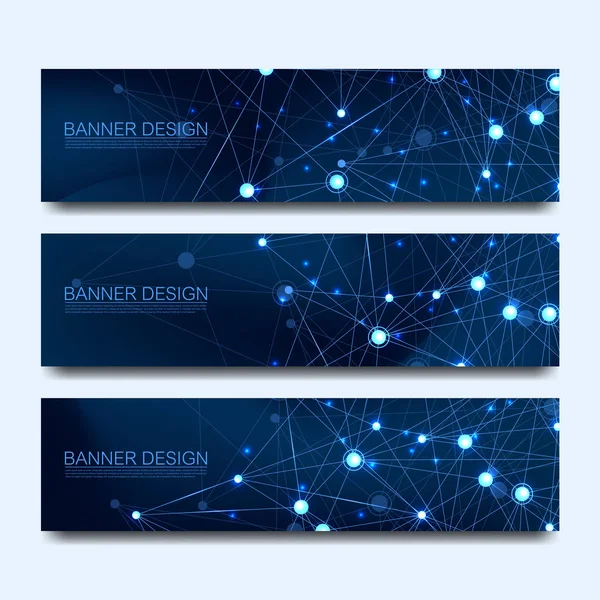 Abstract molecules banners set with lines, dots, circles, polygons. Vector design network communication background. Futuristic digital science technology concept for web banner template or brochure. — Stock Vector