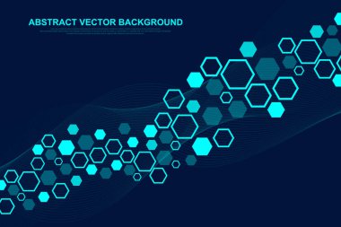 Soyut tıbbi geçmiş DNA araştırması, molekül, genetik, genom, DNA zinciri. Altılı, dalgalı, çizgili, noktalı genetik analiz sanat konsepti. Biyoteknoloji ağ konsepti molekülü, vektör